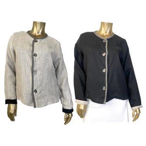UNBRANDED REVERSIBLE FLAX LINEN BLACK & TAN JACKET  W/ METAL BUTTONS 42" BUST